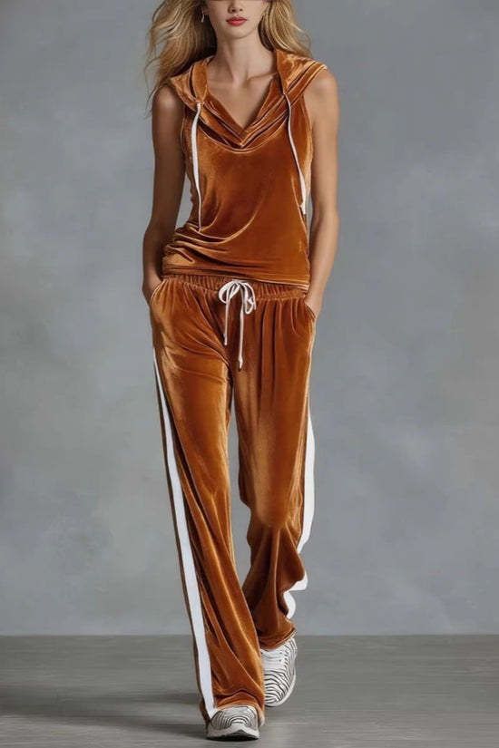 Fashionable Long Pants Sleeveless Hooded Velvet Two-Piece Set for Casual and Sporty Wear 
