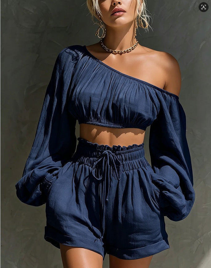 Shoulder long sleeved short top+high waisted casual shorts set for women 