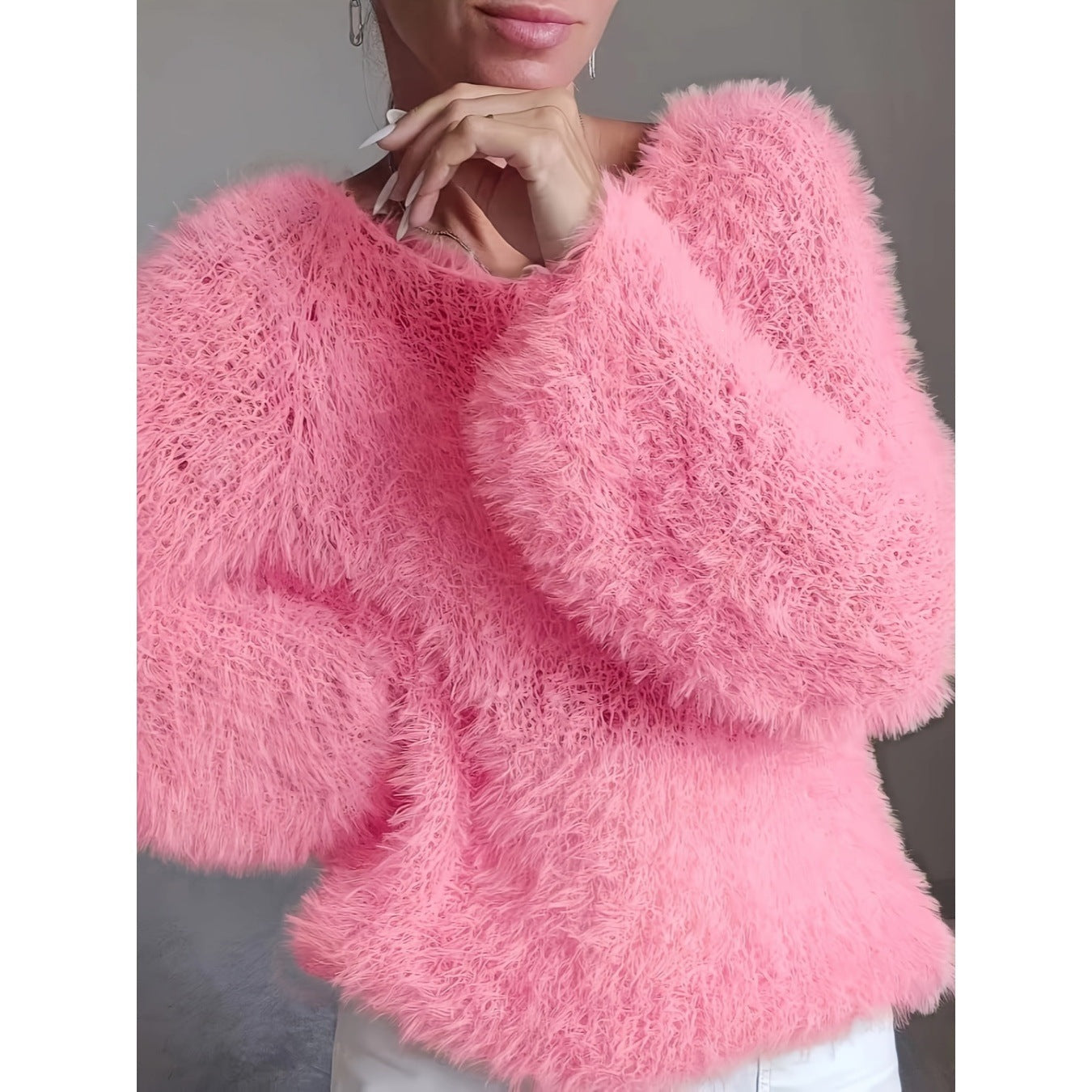 Women's macaron round neck fluffy solid color long sleeved fur top 