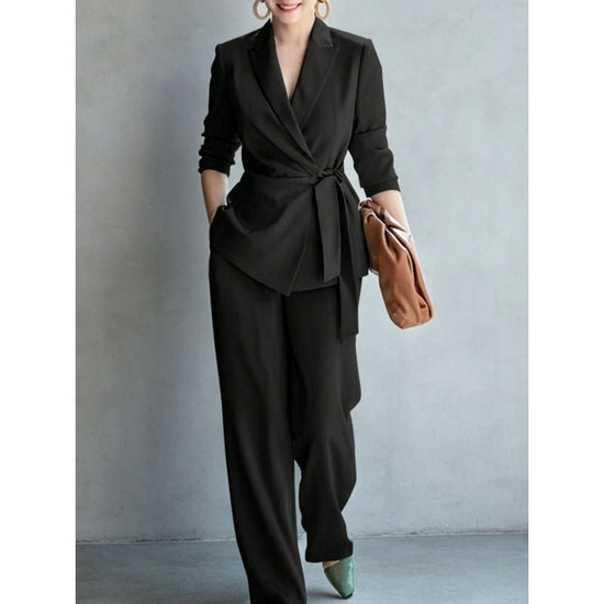 Women's casual solid color suit lace up top and pants two-piece set 