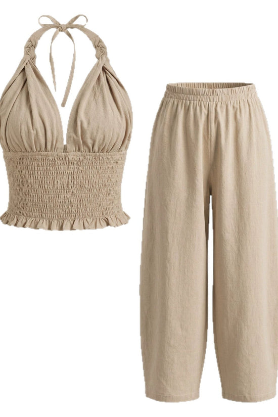 Hanging neck V-neck short top+loose lantern pants linen two-piece set for women 