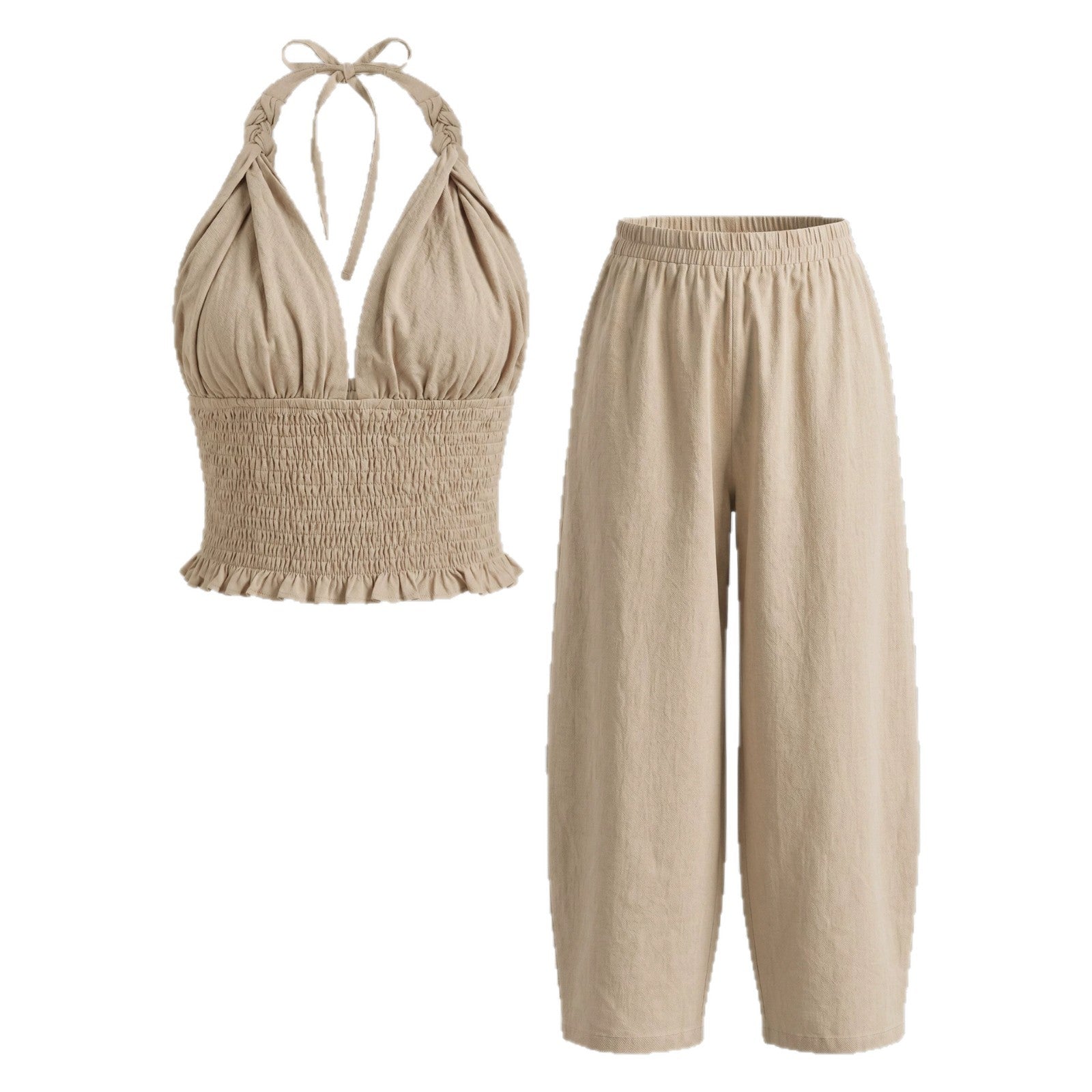 Hanging neck V-neck short top+loose lantern pants linen two-piece set for women 