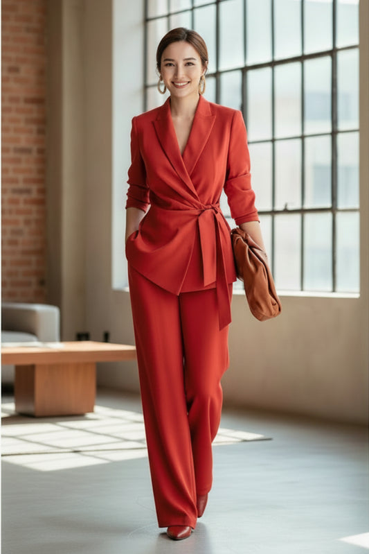 Fashionable Elegant Women's Casual Solid Color Suit Set with Belted Top and Pants 