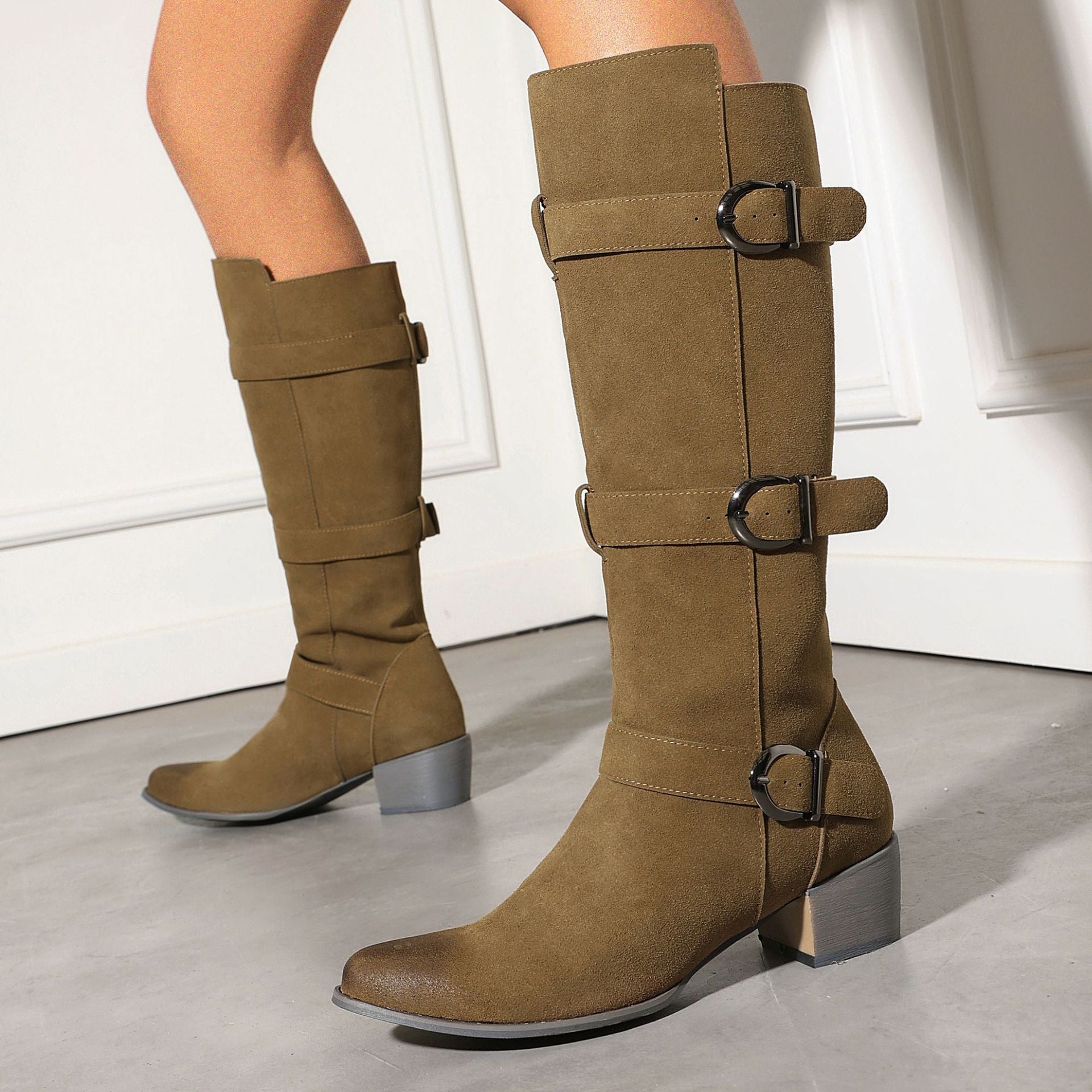 Fashion Winter High Heel Chunky Heel  Belt Buckle Suede Over-the-Knee Women's Boots Made to order, ships in 7 days 
