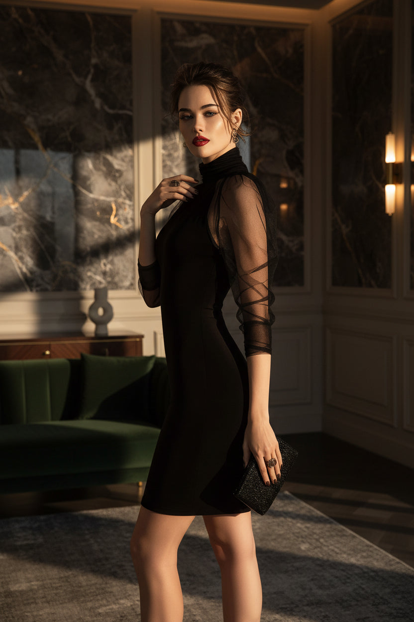 Elegant Long Sleeve Sheath Dress with High Neck and Mesh Overlay for Formal Evening Wear 