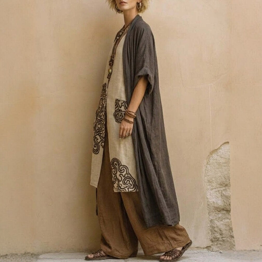 Loose Embroidered Long Robe Two-Piece Set for Women, Casual Wide-Leg Pants Outfit, Fashionable and Trendy 