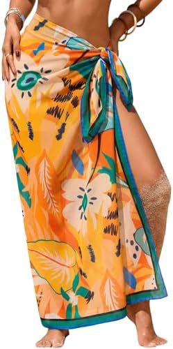 Women's Swimwear Transparent Sheer Cover-Up High-Slit One-Size Swim Dress Summer Floral Print Chiffon 