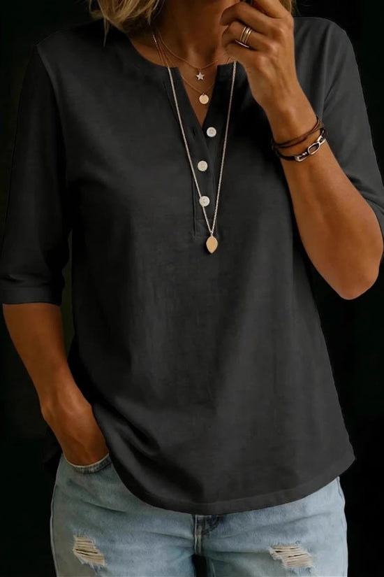 Classic Henley Neck Style Spring Summer New Women's Solid Color Button-Up Top 