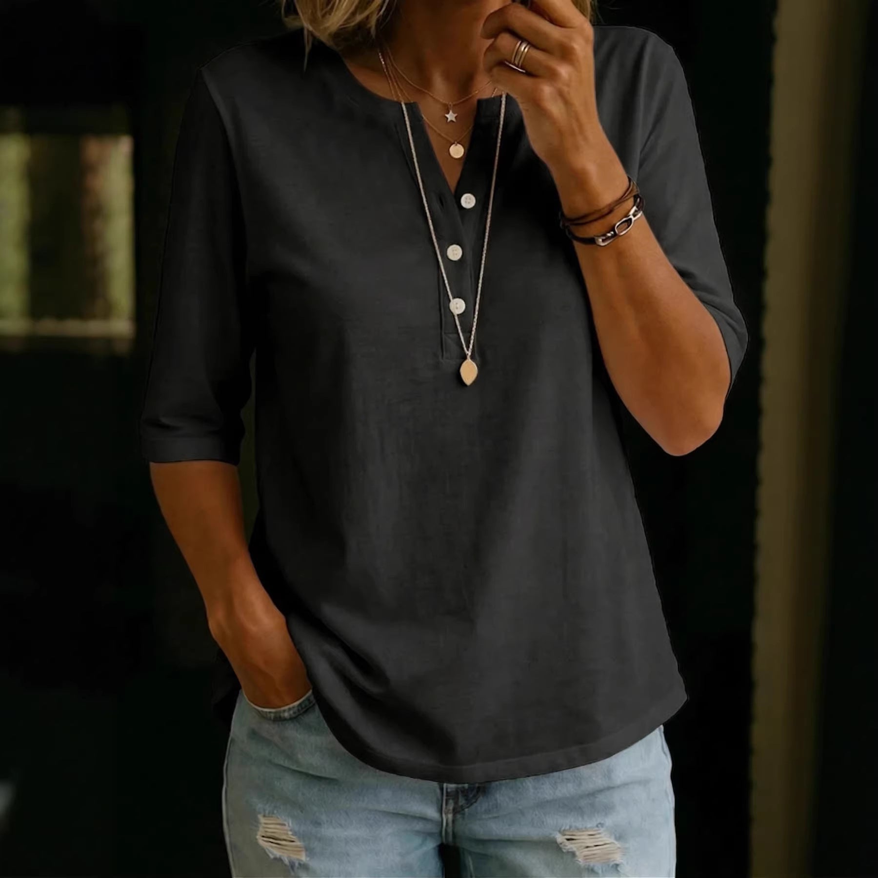 Classic Henley Neck Style Spring Summer New Women's Solid Color Button-Up Top 