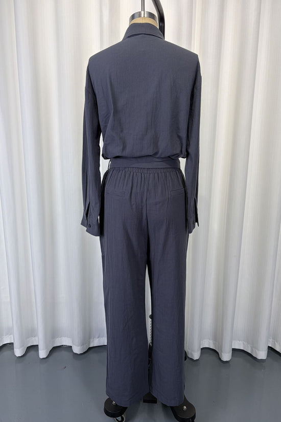 Linen-Look Shirt & Wide-Leg Trouser Set | Drawstring Waist 2-Piece | Gray 