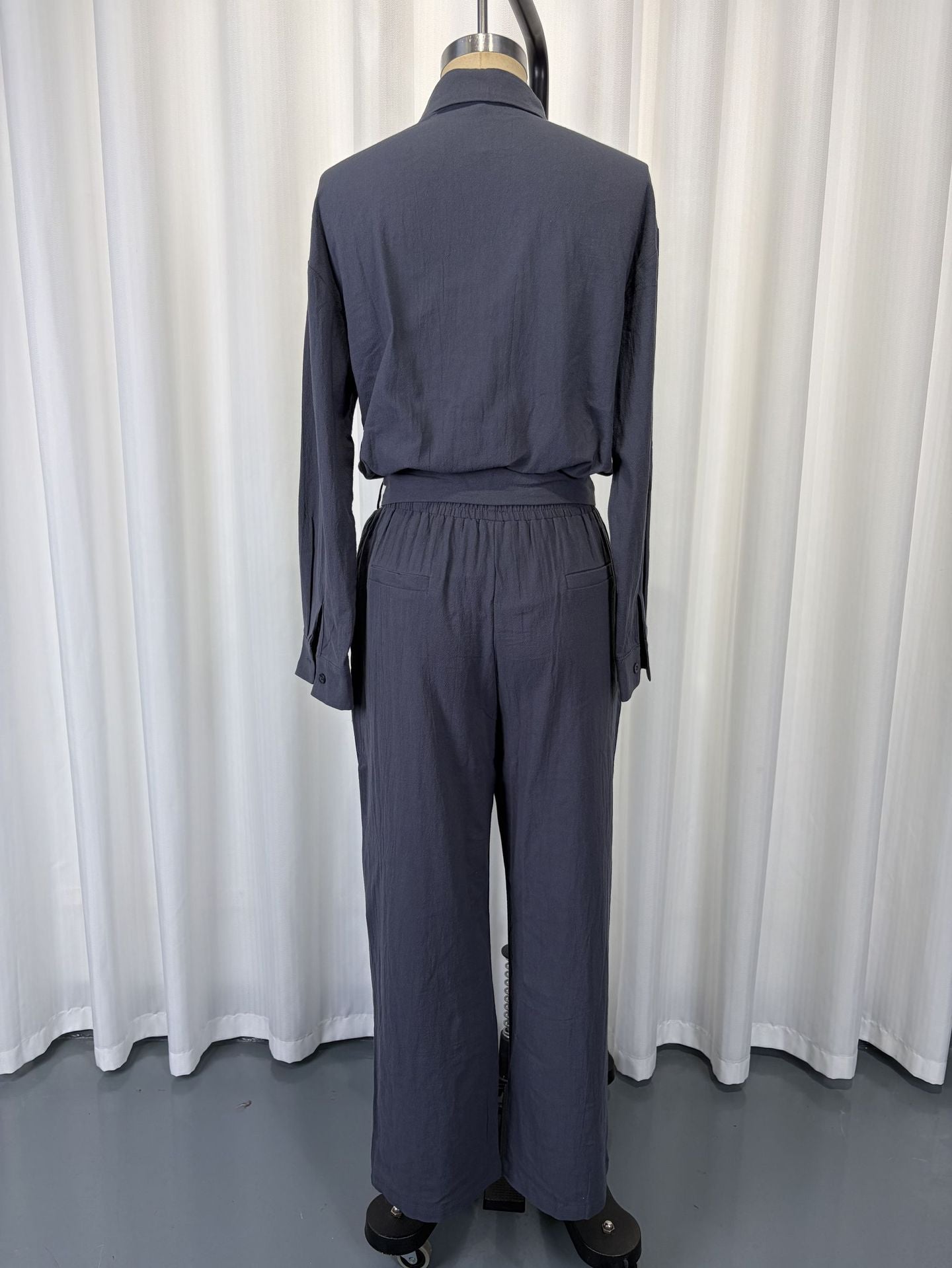 Linen-Look Shirt & Wide-Leg Trouser Set | Drawstring Waist 2-Piece | Gray 