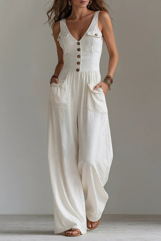 Summer pocket V-neck vest high waisted jumpsuit for women 