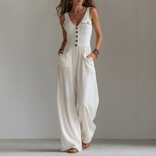 Summer pocket V-neck vest high waisted jumpsuit for women 