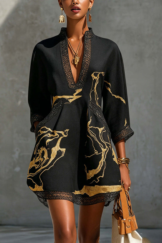Printed lace trimmed seven quarter sleeved cotton linen short dress 