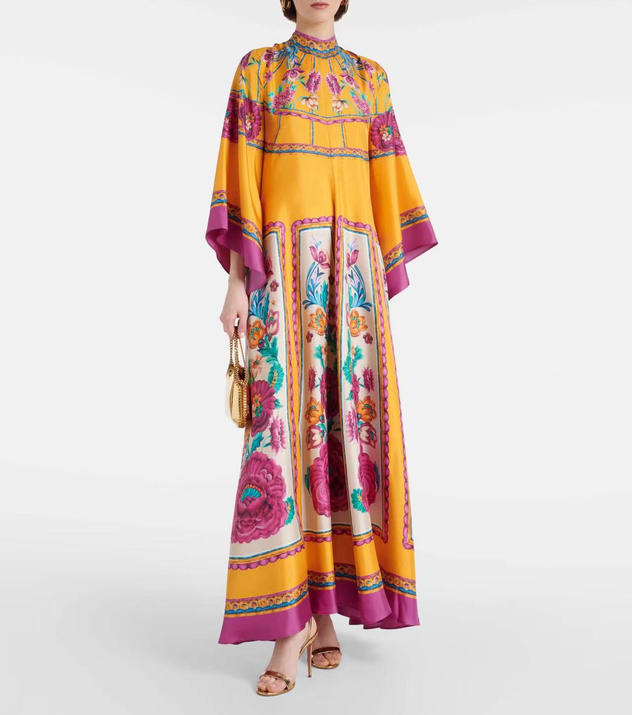 New European and American Summer Printed Seven Sleeve Stand up Collar Dress 