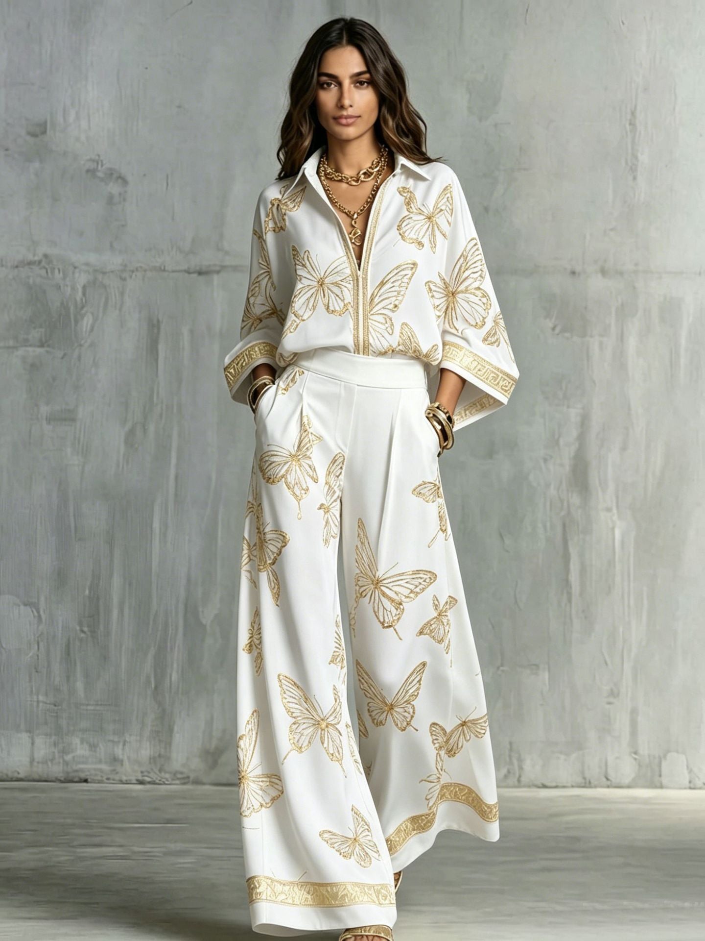 Style Women's Retro Printed Sexy Deep V Neck Loose Zipper Top with Wide Leg Pants Two-Piece Set 