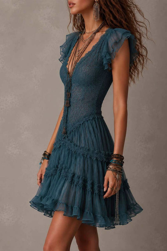 Lace Flutter Sleeve Dress for Women, Fitted Waist with Tie Strap, Layered Tulle Cake Mini Skirt 