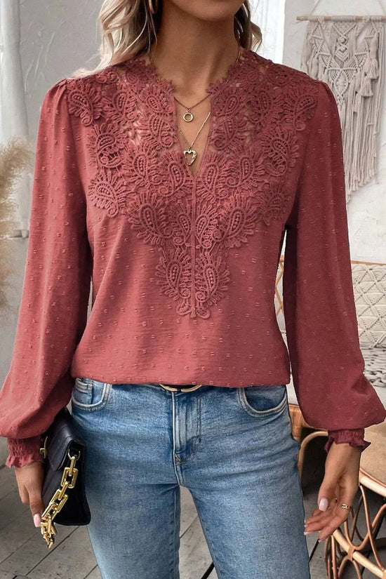 Swiss Dot Lace Detail Notched Long Sleeve Blouse 