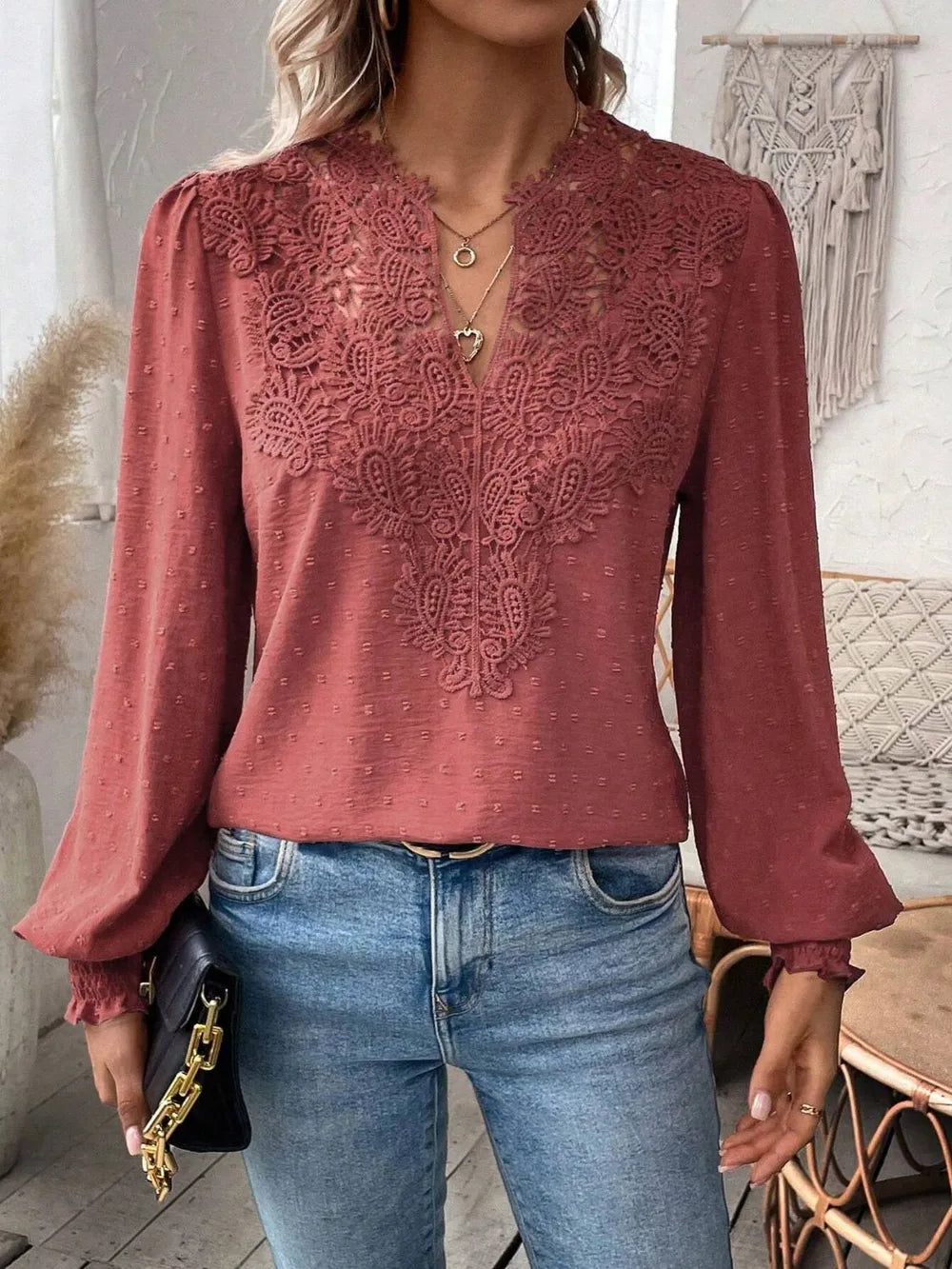 Swiss Dot Lace Detail Notched Long Sleeve Blouse 