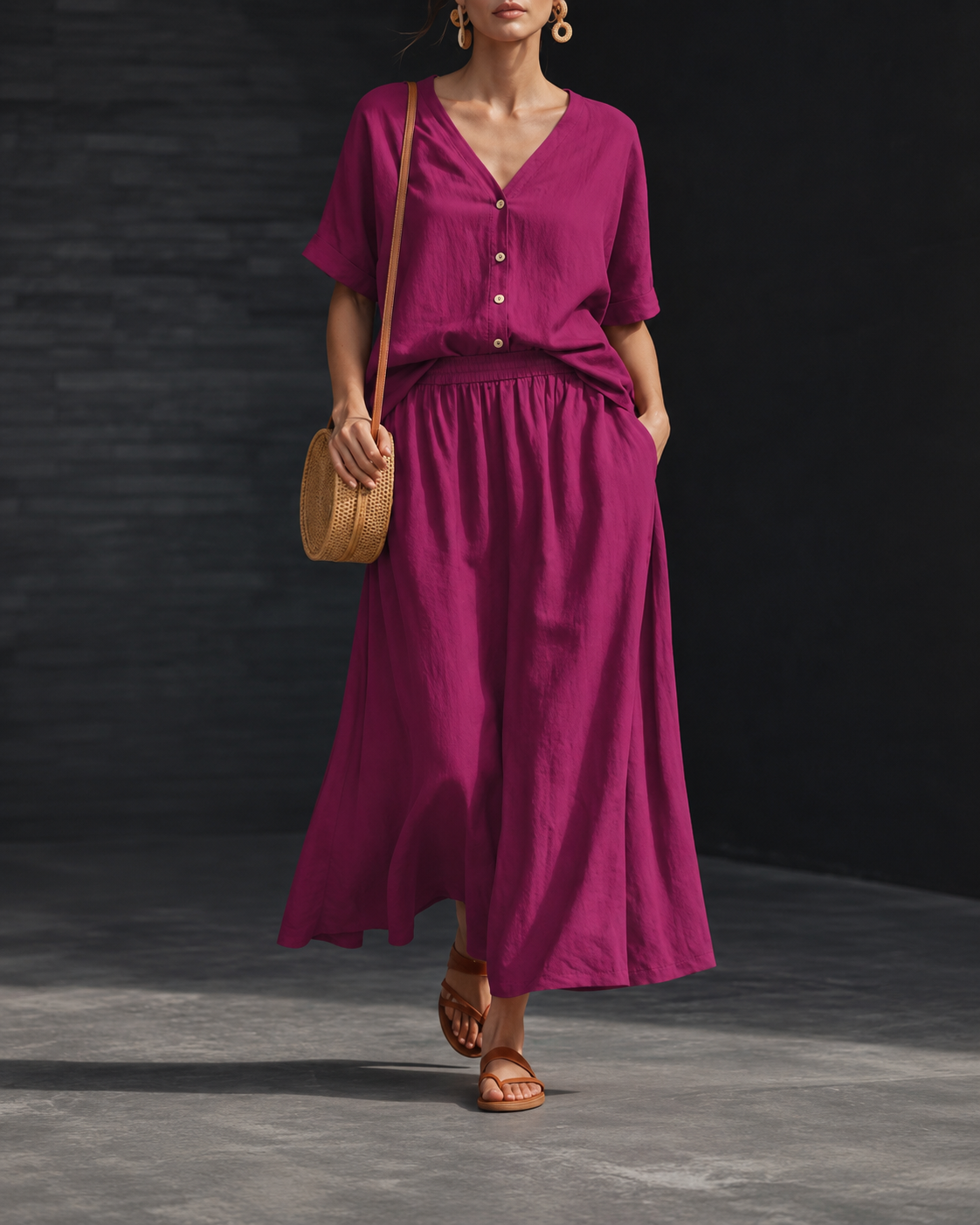 Women's V-Neck Button-Up Top & Long Skirt Set 