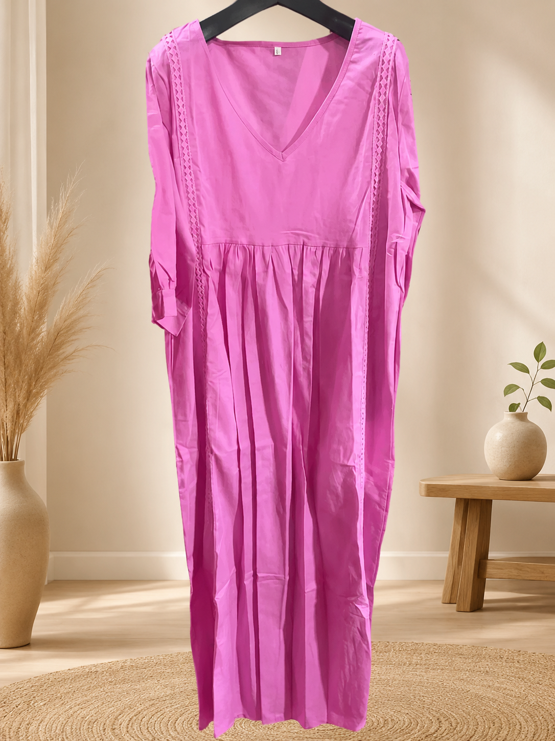 Women's Linen Cotton V-Neck Dress – Lace Trim, Loose Fit, 7 Colors 