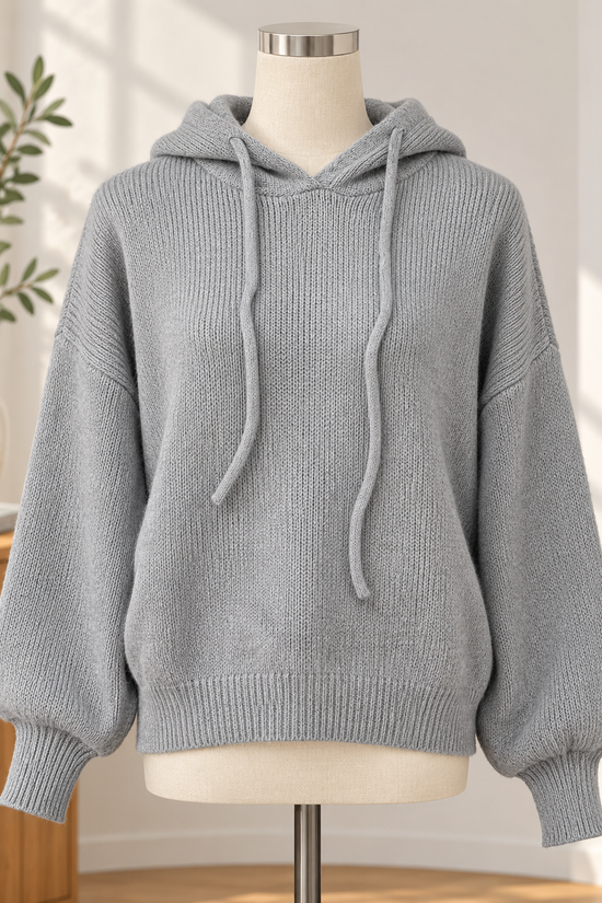 Women's Loose-Fit Drawstring Knit Hoodie with Button Cuffs 