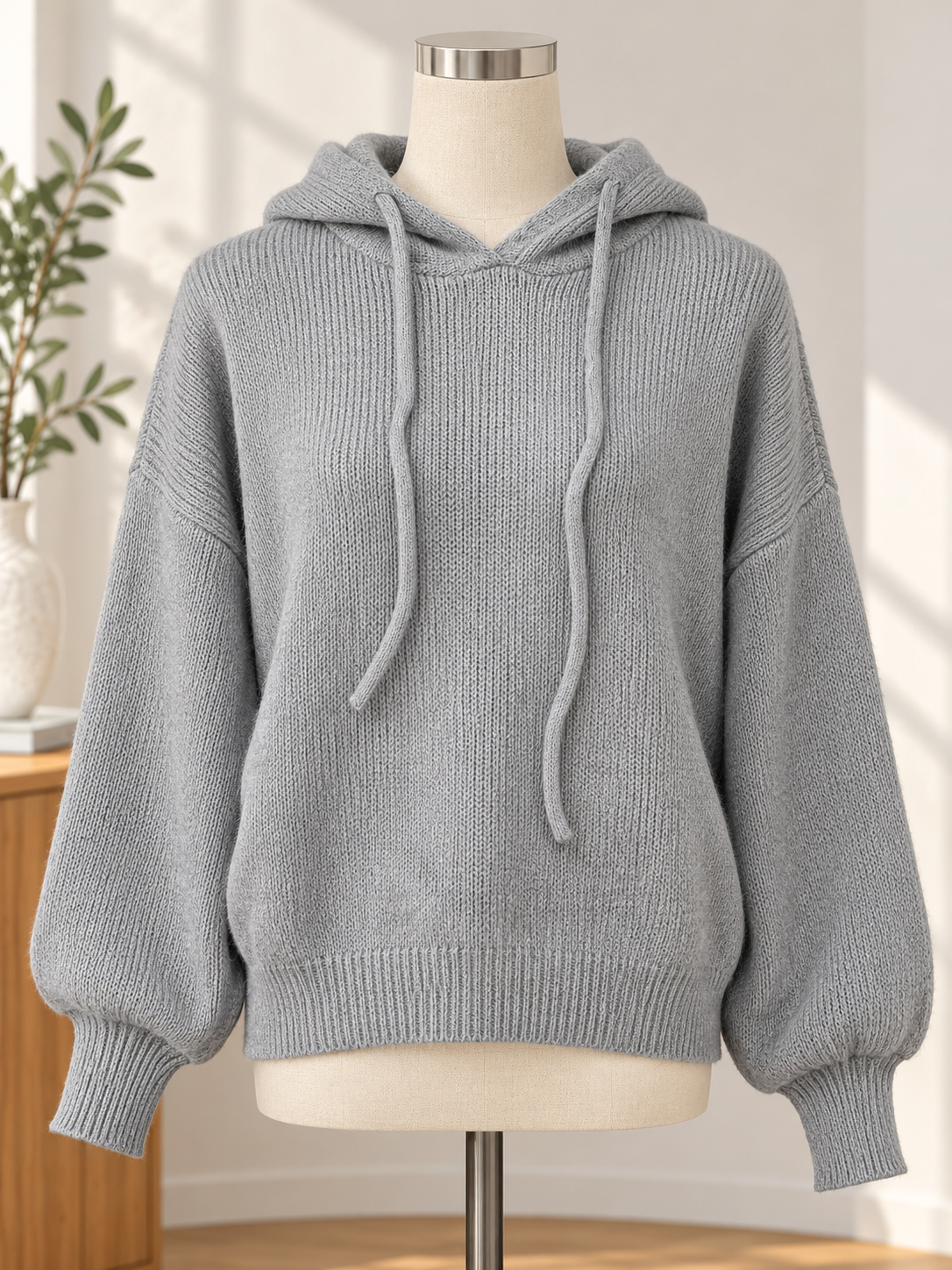 Women's Loose-Fit Drawstring Knit Hoodie with Button Cuffs 