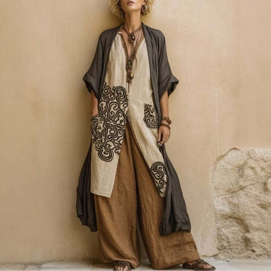 Loose Embroidered Long Robe Two-Piece Set for Women, Casual Wide-Leg Pants Outfit, Fashionable and Trendy 