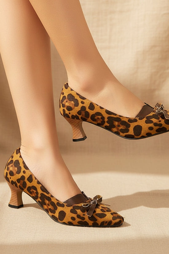 Leopard print square toe high-heeled women's retro shallow bow single shoes Made to order, ships in 7 days 