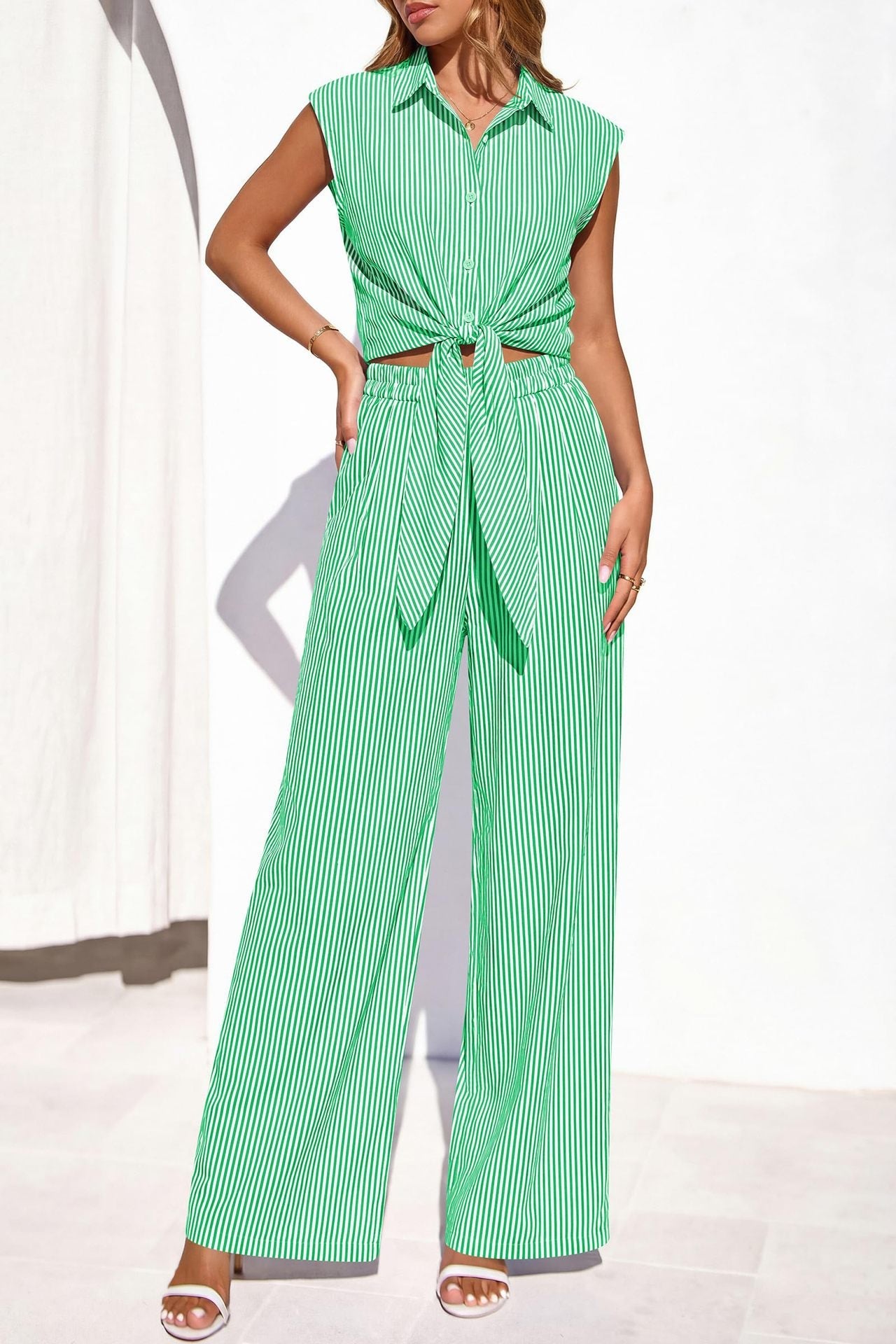 Spring Summer Women's Striped Buttoned Sleeveless Shirt and Pants Set 