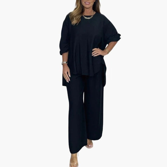 Solid color loose casual suit wide leg pants two-piece set 