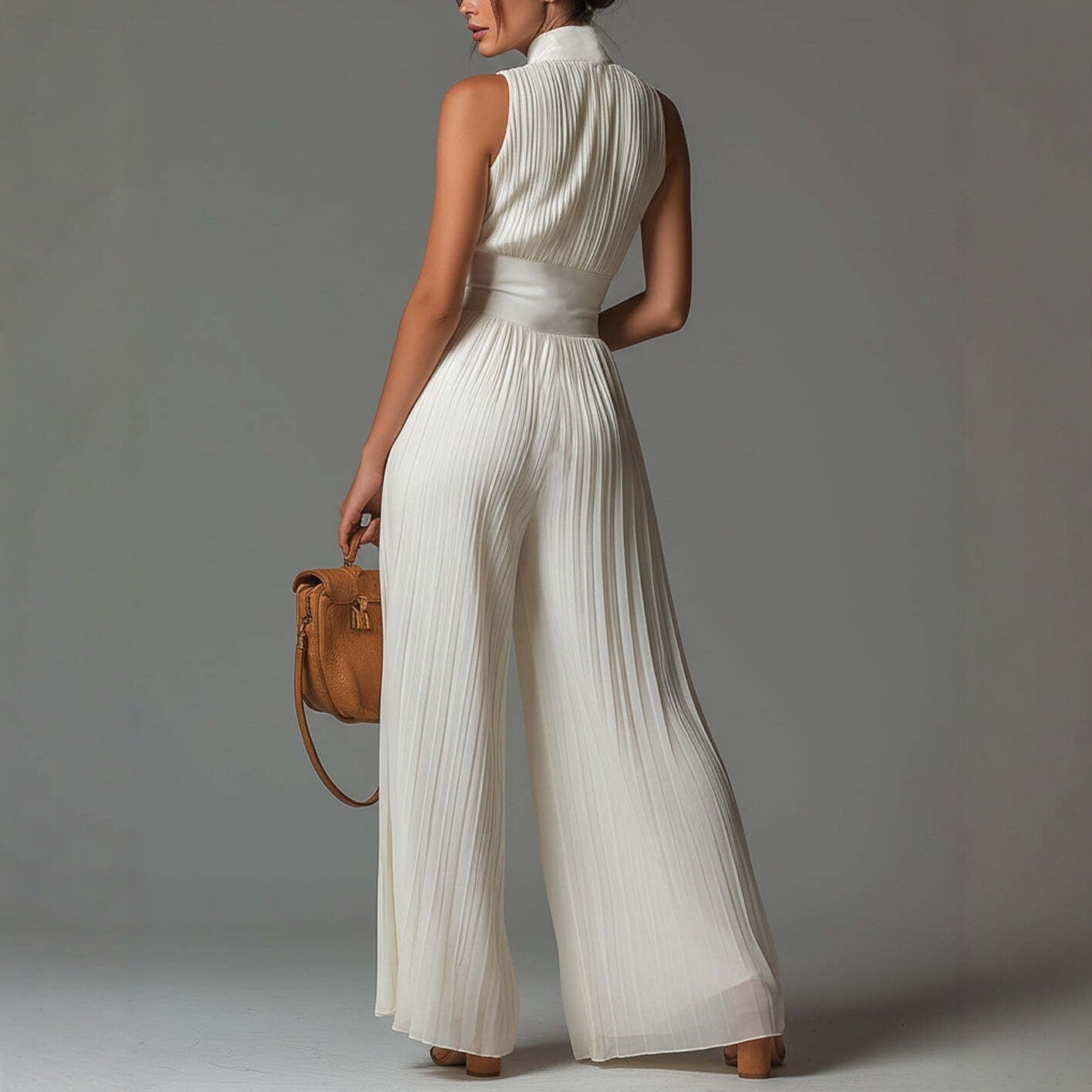 White Pleated Strap Neck Jumpsuit for Women, Long Wide Leg Fashion Sexy Folded Design 