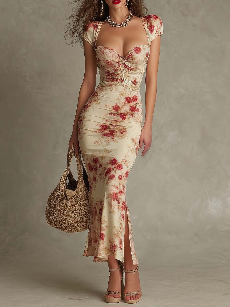 Vintage Printed Fitted Dress Elegant Slim Fit Bodycon Long Dress Evening Gown 