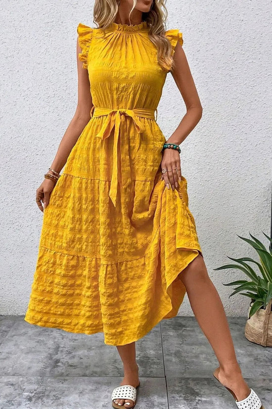 Tied Ruffled Cap Sleeve Midi Dress 