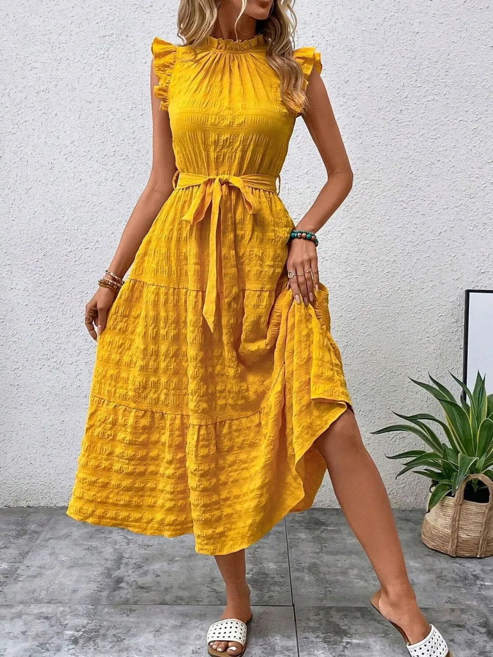 Tied Ruffled Cap Sleeve Midi Dress 
