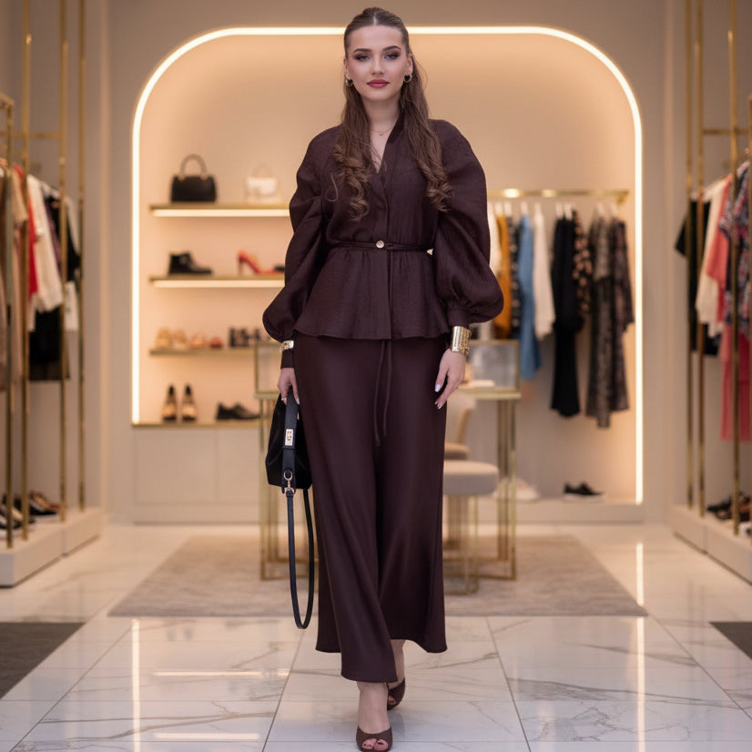 Chic V-Neck Fitted Long Sleeve Cardigan Top with High-Waisted Skirt Set for Women 