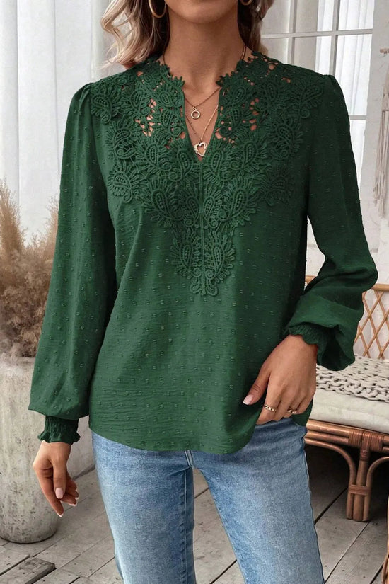 Swiss Dot Lace Detail Notched Long Sleeve Blouse 
