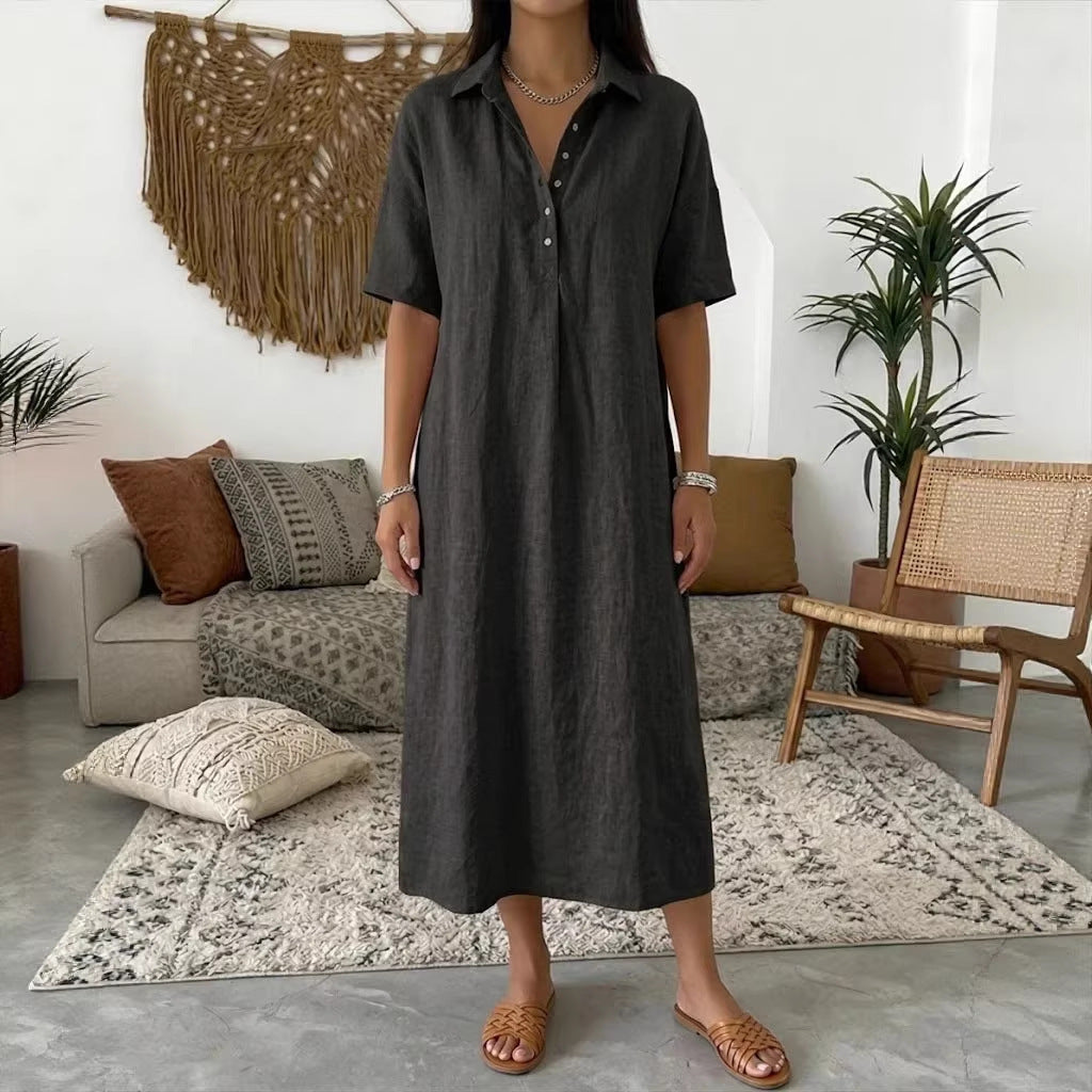 Casual Straight Fit Comfortable Linen Short Sleeve Polo Neck Dress for Women 
