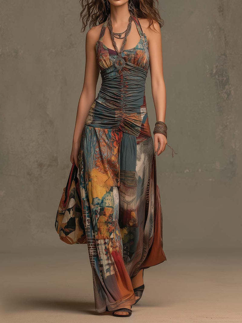 French Oil Painting Print Vintage Off-Shoulder Sexy Jumpsuit for Women Summer 