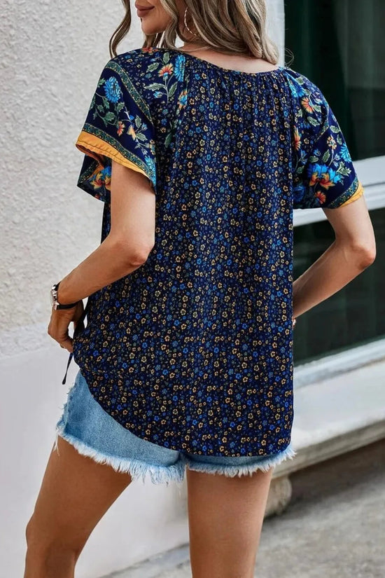 Printed Tie Neck Short Sleeve Blouse 