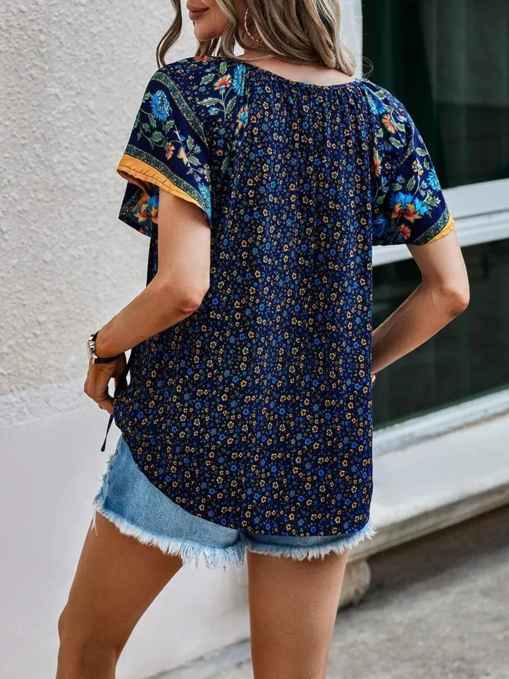 Printed Tie Neck Short Sleeve Blouse 