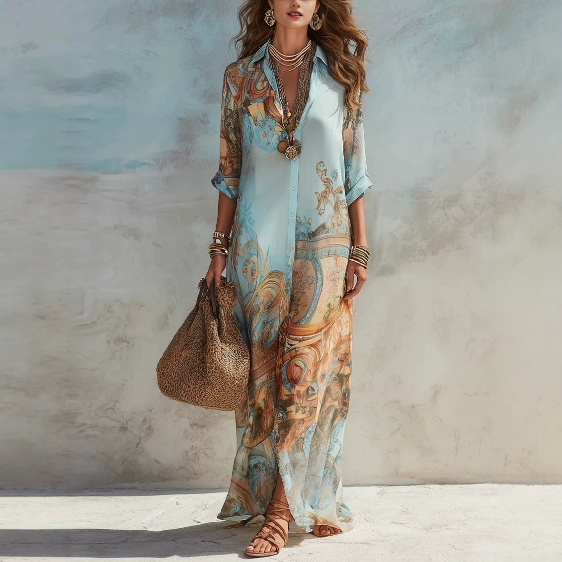 Chiffon Digital Print Fresh Vintage Flowy Women's Dress 