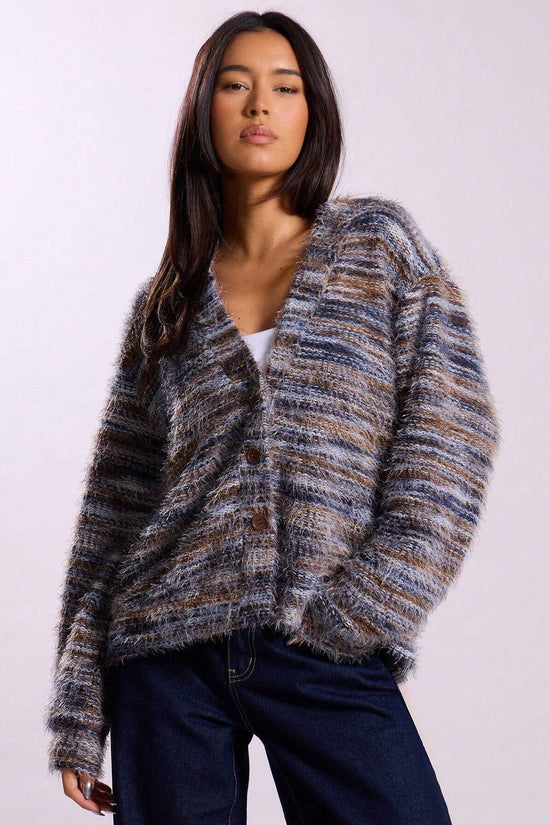 Vintage Deep V-Neck Fleece Cardigan – Long Sleeve Color-Block 