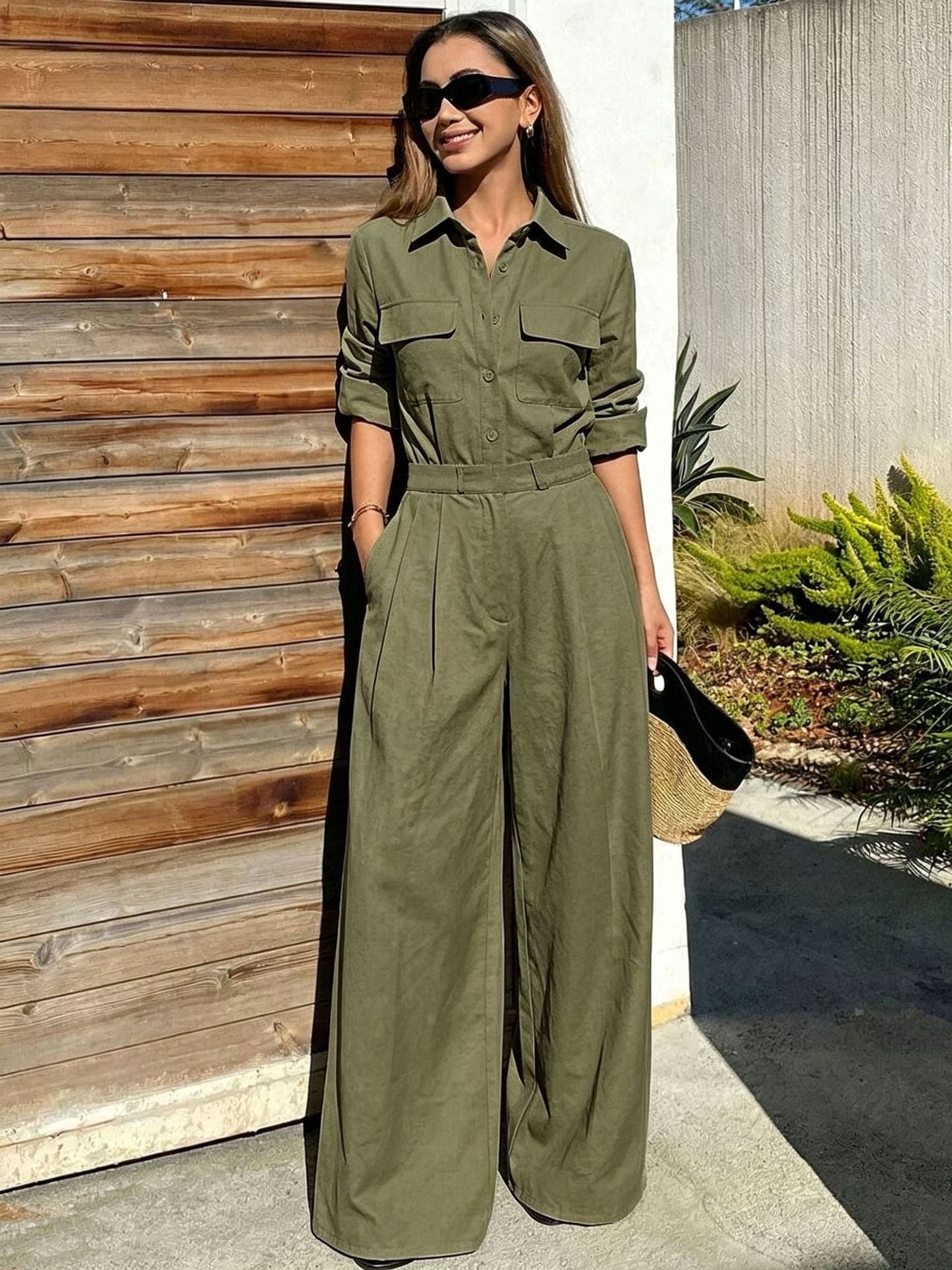 Women's collar long sleeved jumpsuit 