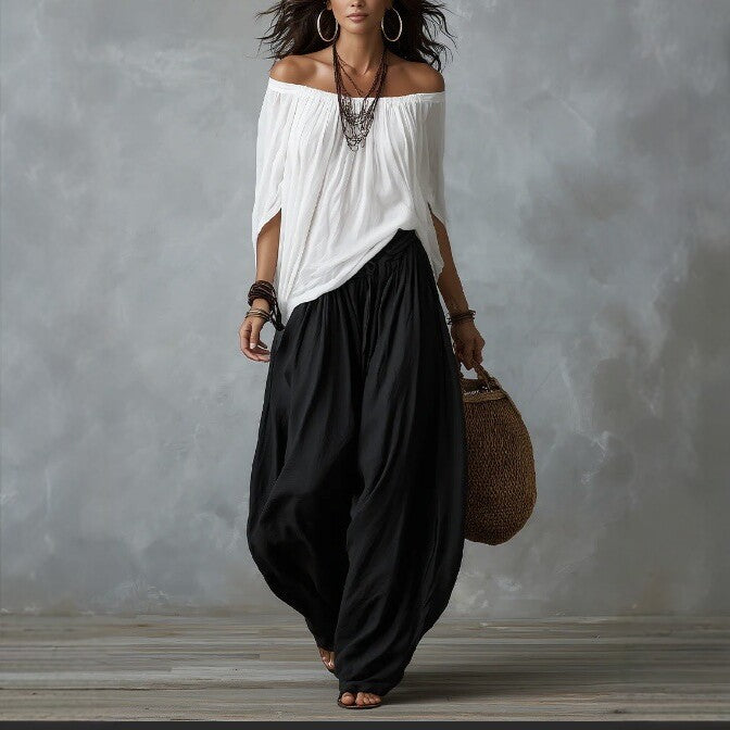 Fashion One-Shoulder T-Shirt with Wide-Leg Pants Set for Women, Elegant Two-Piece Long Sleeve Casual Outfit 