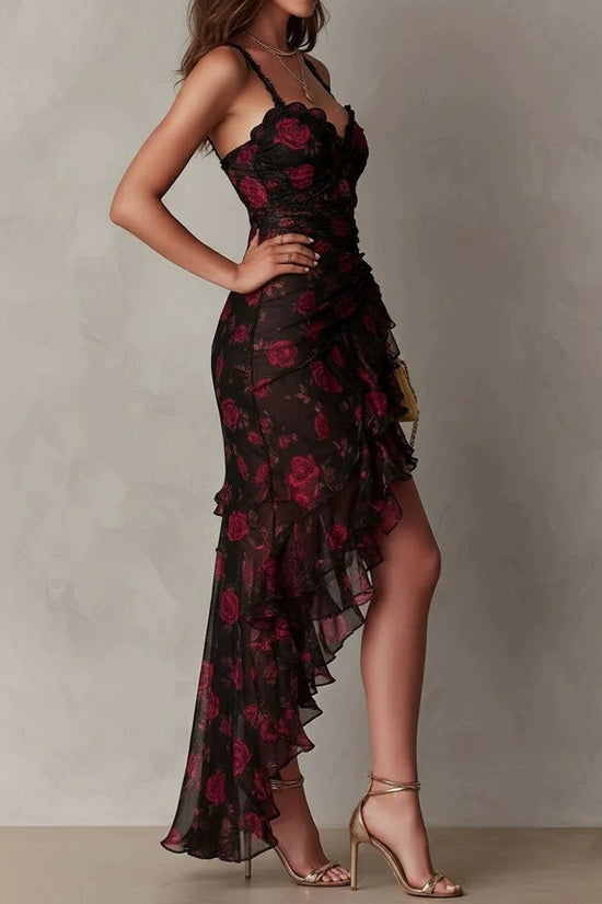 Style Floral Print Strap Irregular Ruffle Hem A-Line Dress 