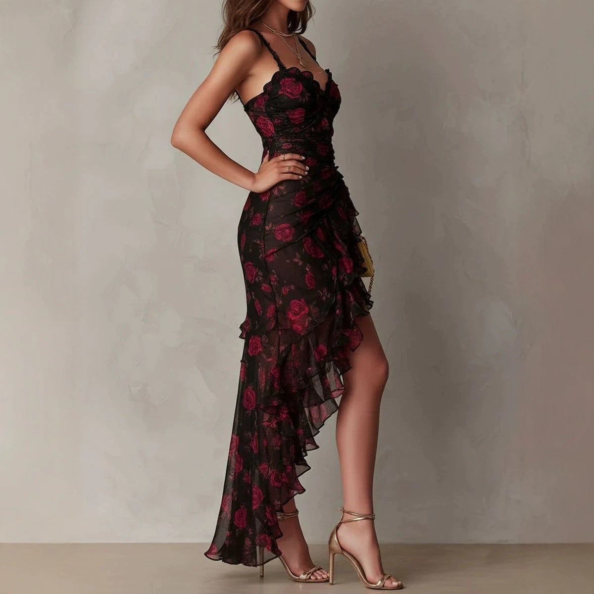 Style Floral Print Strap Irregular Ruffle Hem A-Line Dress 