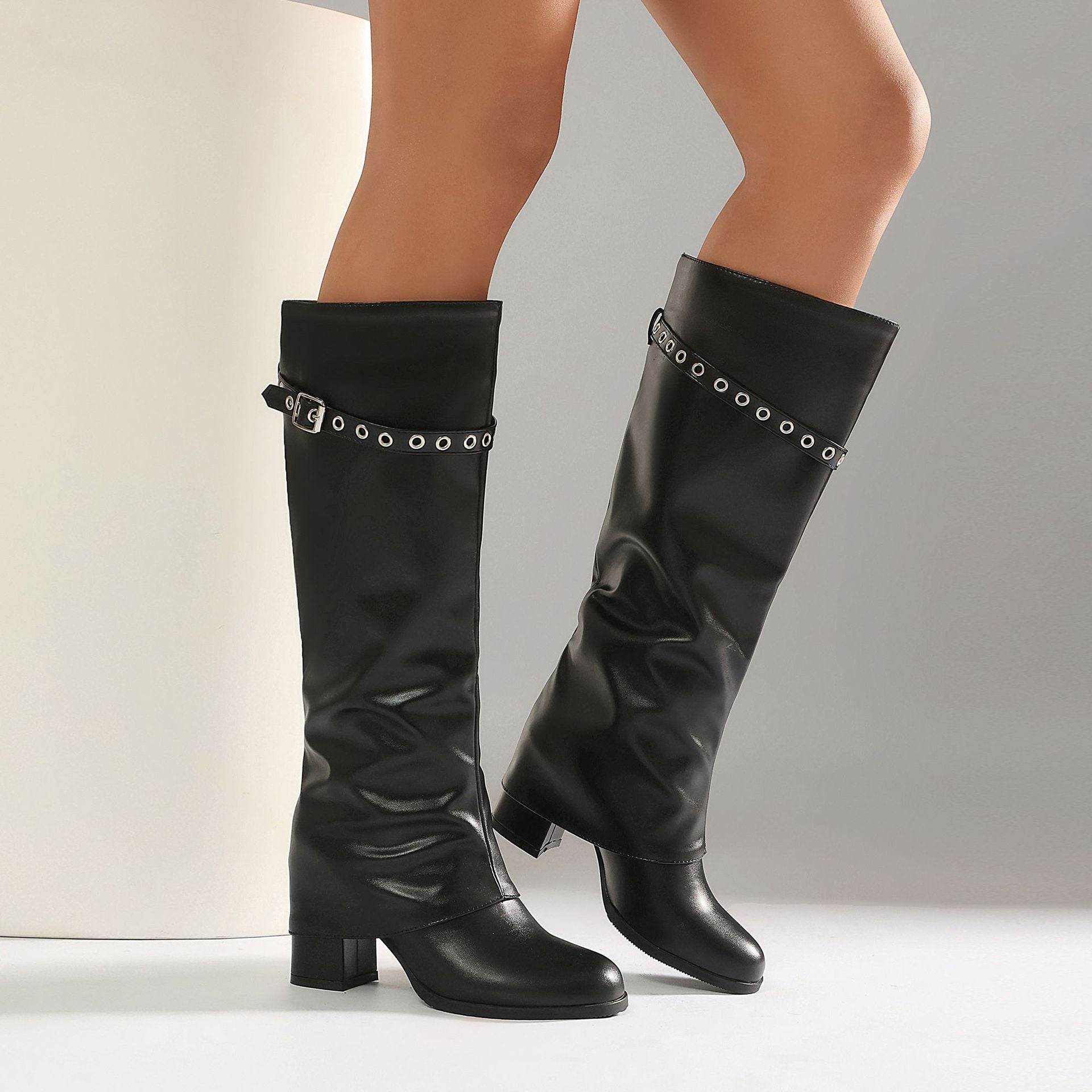 High Heel Chunky Large Size Slip-On Combat Boots for Women 