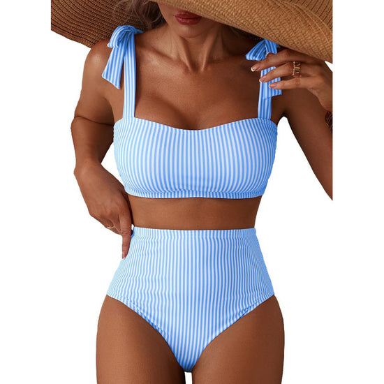 Women's Striped Bikini Set with Tie-Shoulder Design, High-Waisted Two-Piece Swimsuit 