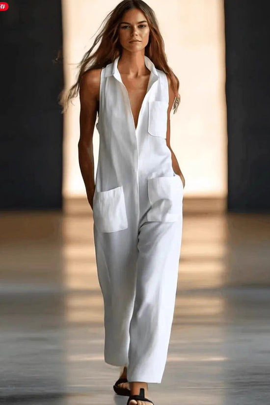 Casual Loose Sleeveless Single-Button Wide-Leg Pants Fashion Cargo Jumpsuit for Women 